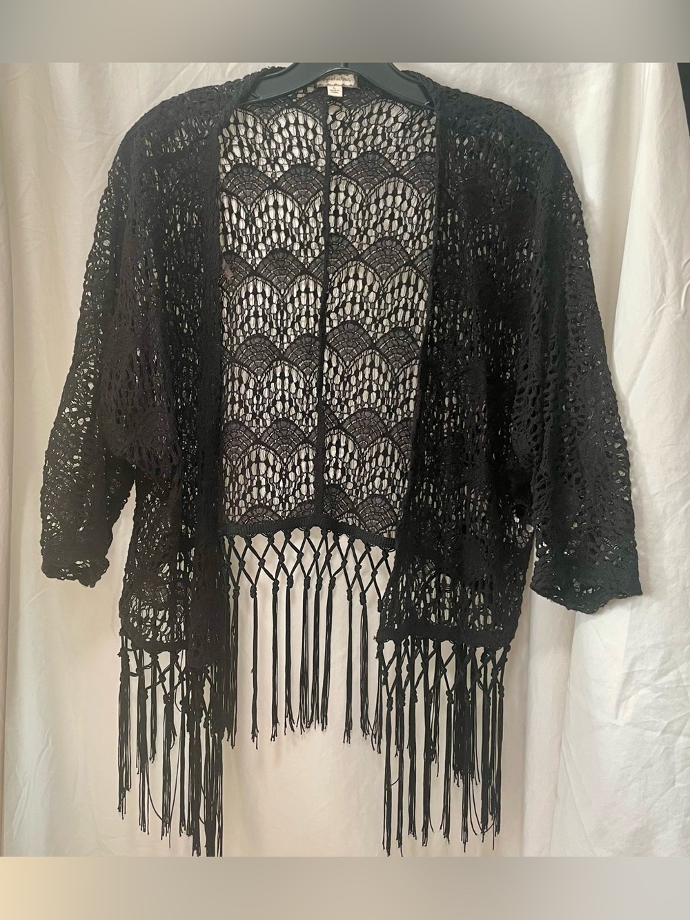 Eyeshadow Black Crochet Fringe Open-Front Sweater Shrug